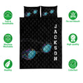 Swimming quilt bedding set shown with colorful goggles, black diamond quilting, and product feature callouts