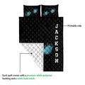 Swimming quilt blanket showing the printed front and white quilted backing in a construction detail view