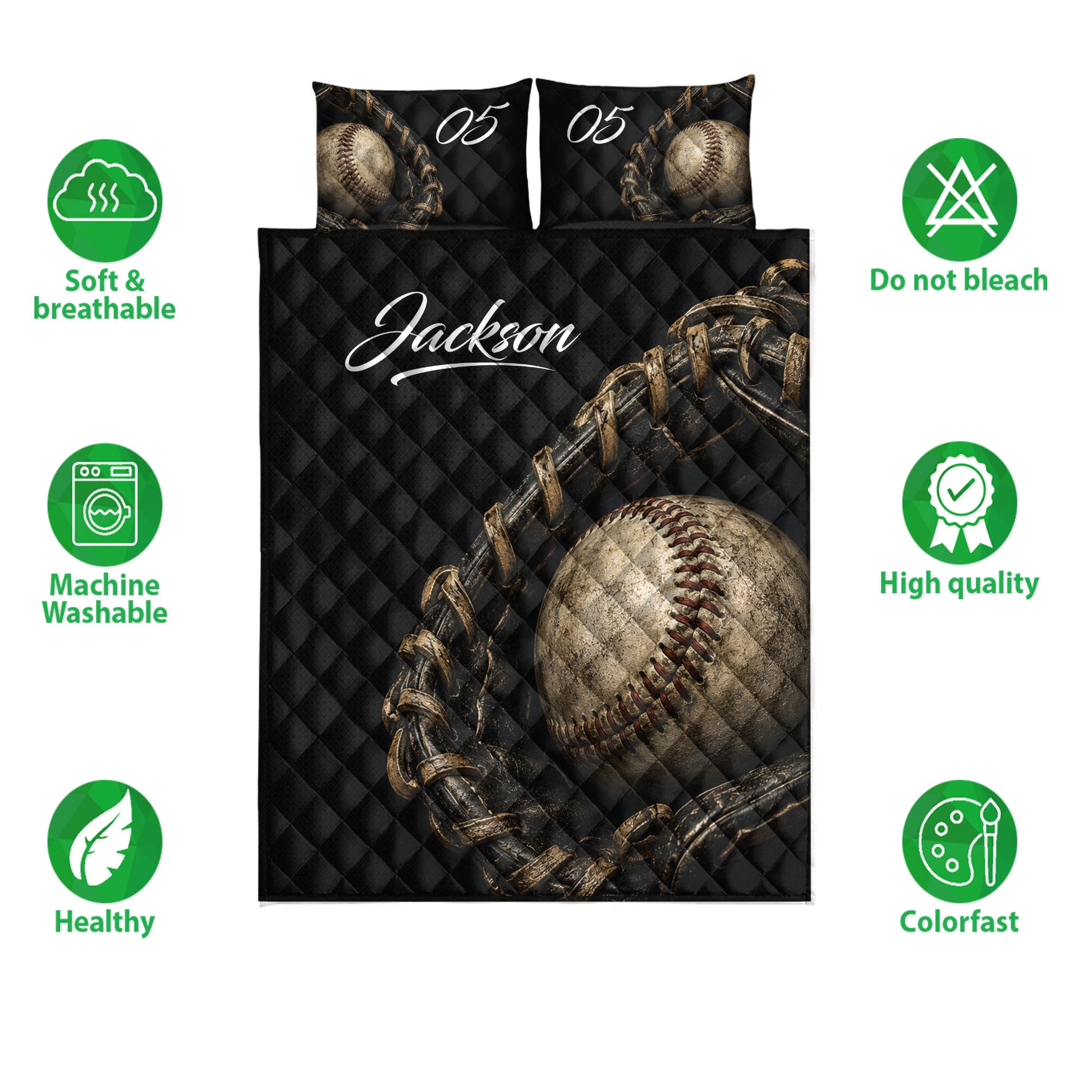Baseball quilt bedding set shown with black diamond quilting, baseballs, and glove artwork