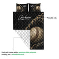 Baseball quilt blanket showing the printed front and white quilted reverse side