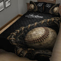 Close view of black baseball quilt blanket with vintage baseball and glove design
