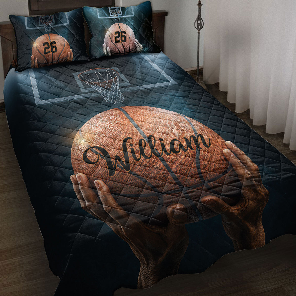 Basketball quilt blanket displayed on a bed with hoop graphics, basketball artwork, and dark blue sports styling