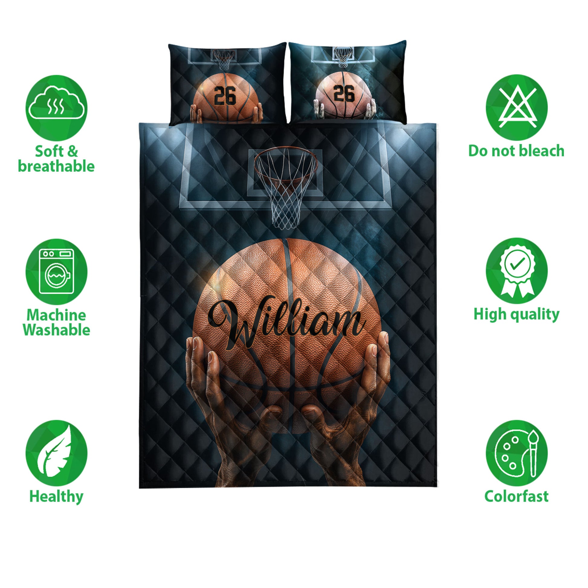 Basketball quilt bedding set shown with hoop and basketball artwork alongside product feature icons