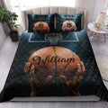 Basketball quilt blanket styled in a bright bedroom with basketball and hoop graphics
