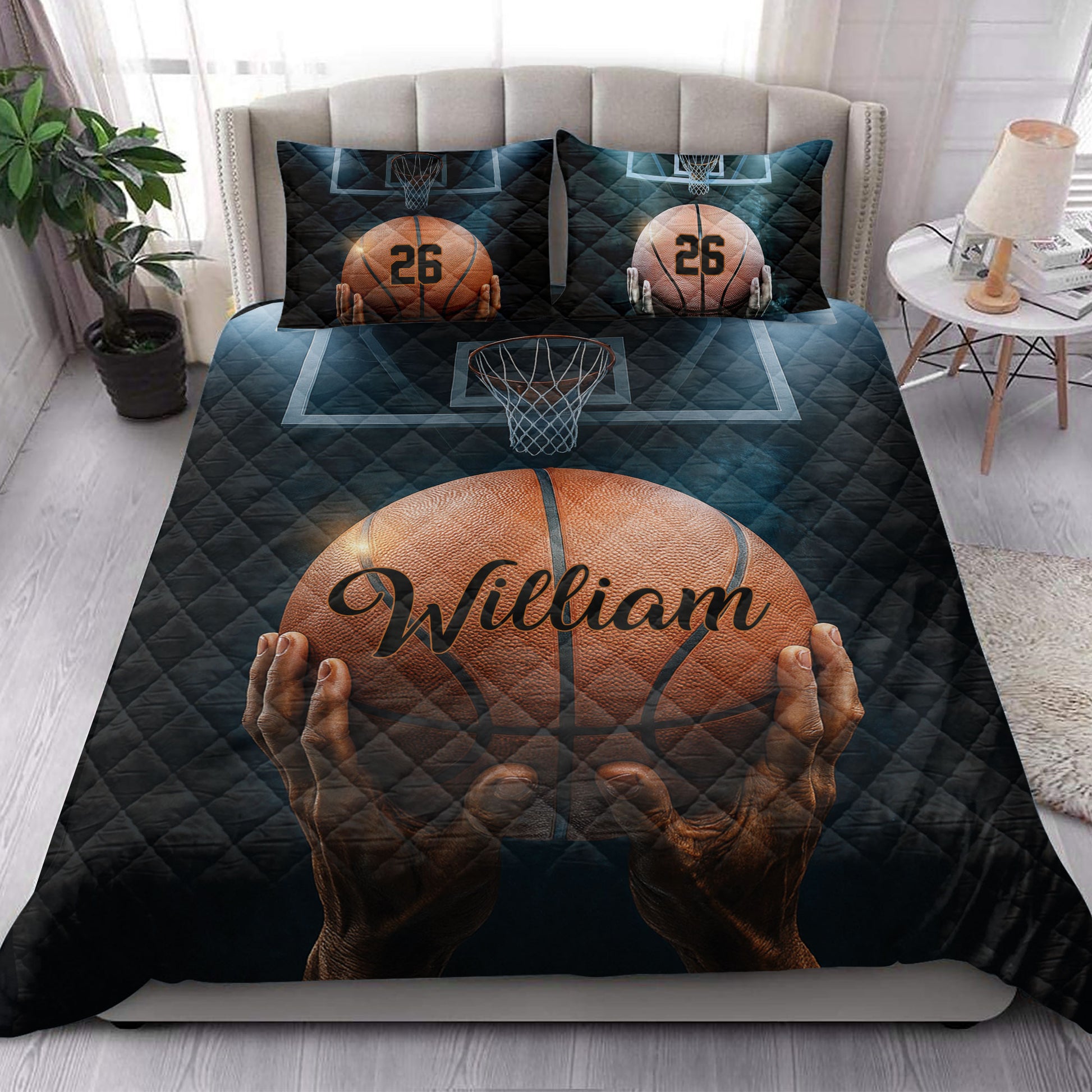 Basketball quilt blanket styled in a bright bedroom with basketball and hoop graphics