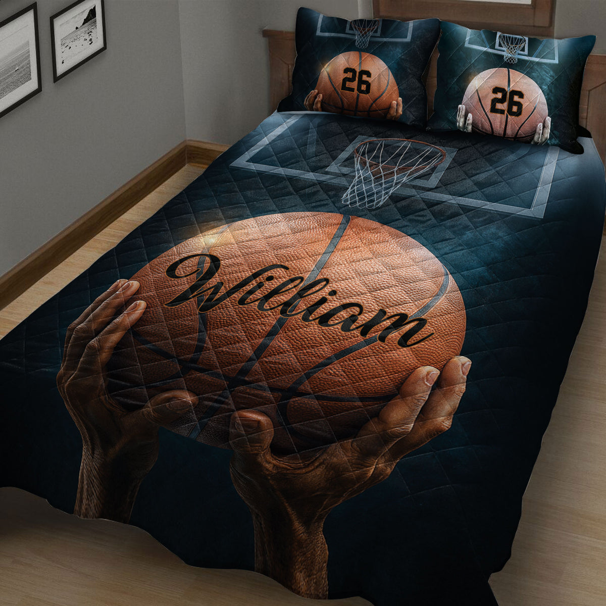 Close view of basketball quilt bedding with realistic basketball artwork, hoop details, and dark blue tones