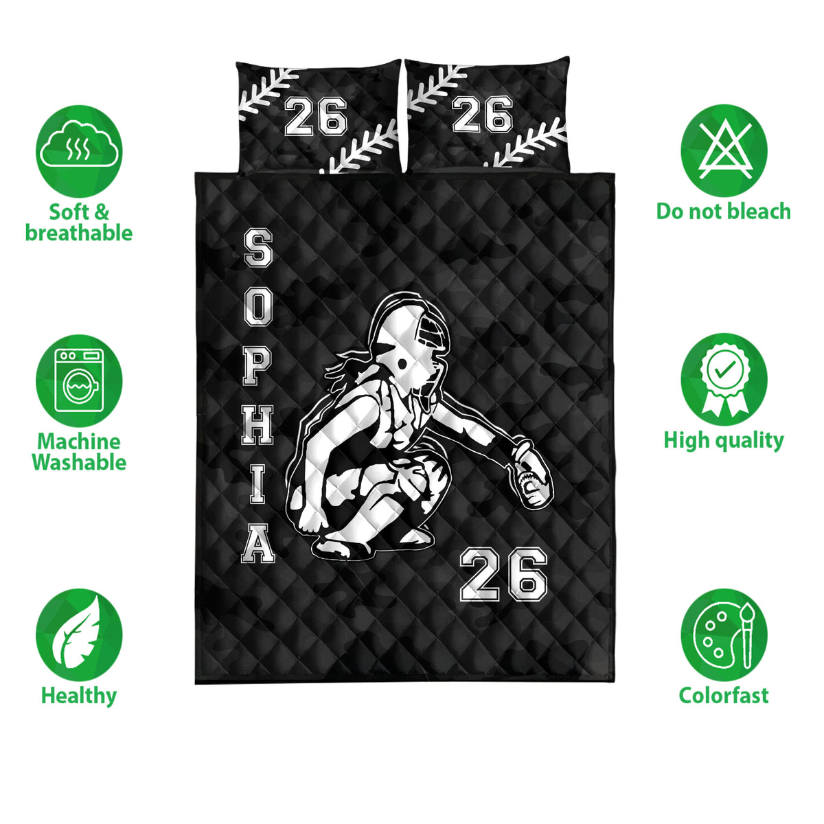 Softball quilt bedding set shown front-facing with female batter artwork and product feature icons