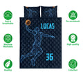 Basketball quilt bedding set displayed with dynamic player artwork and product feature icons