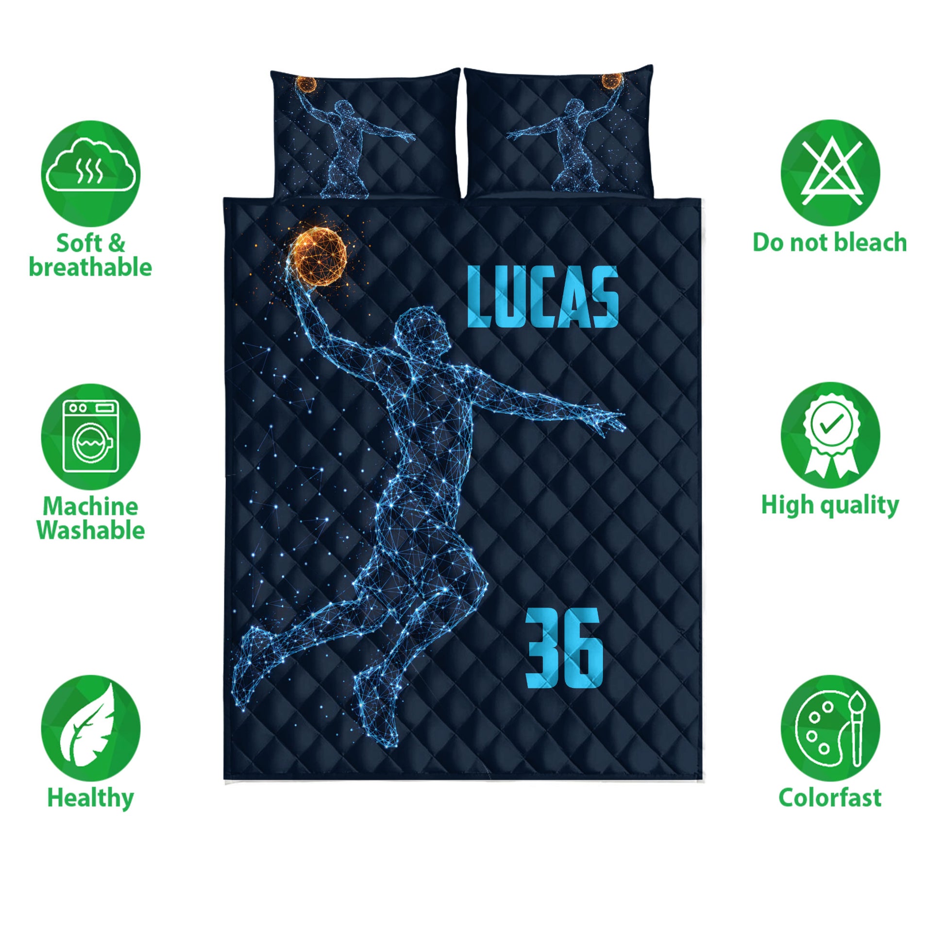 Basketball quilt bedding set displayed with dynamic player artwork and product feature icons