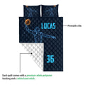 Basketball quilt blanket showing the printed front and white quilted backing detail
