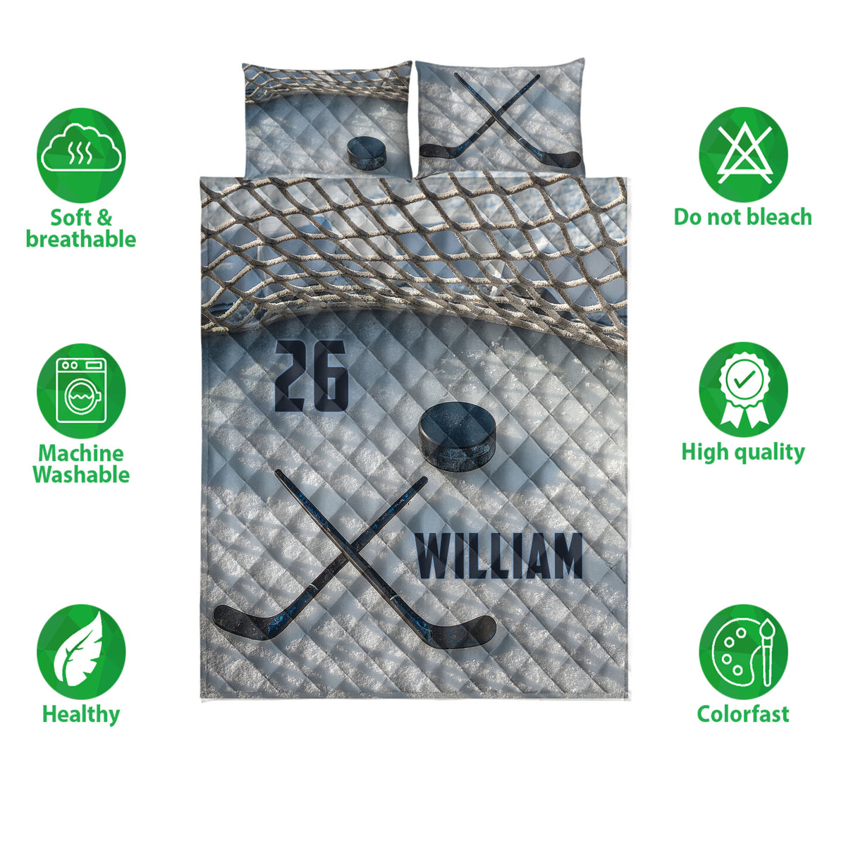 Hockey quilt bedding set shown flat with sticks, puck, net design, and blue sports artwork