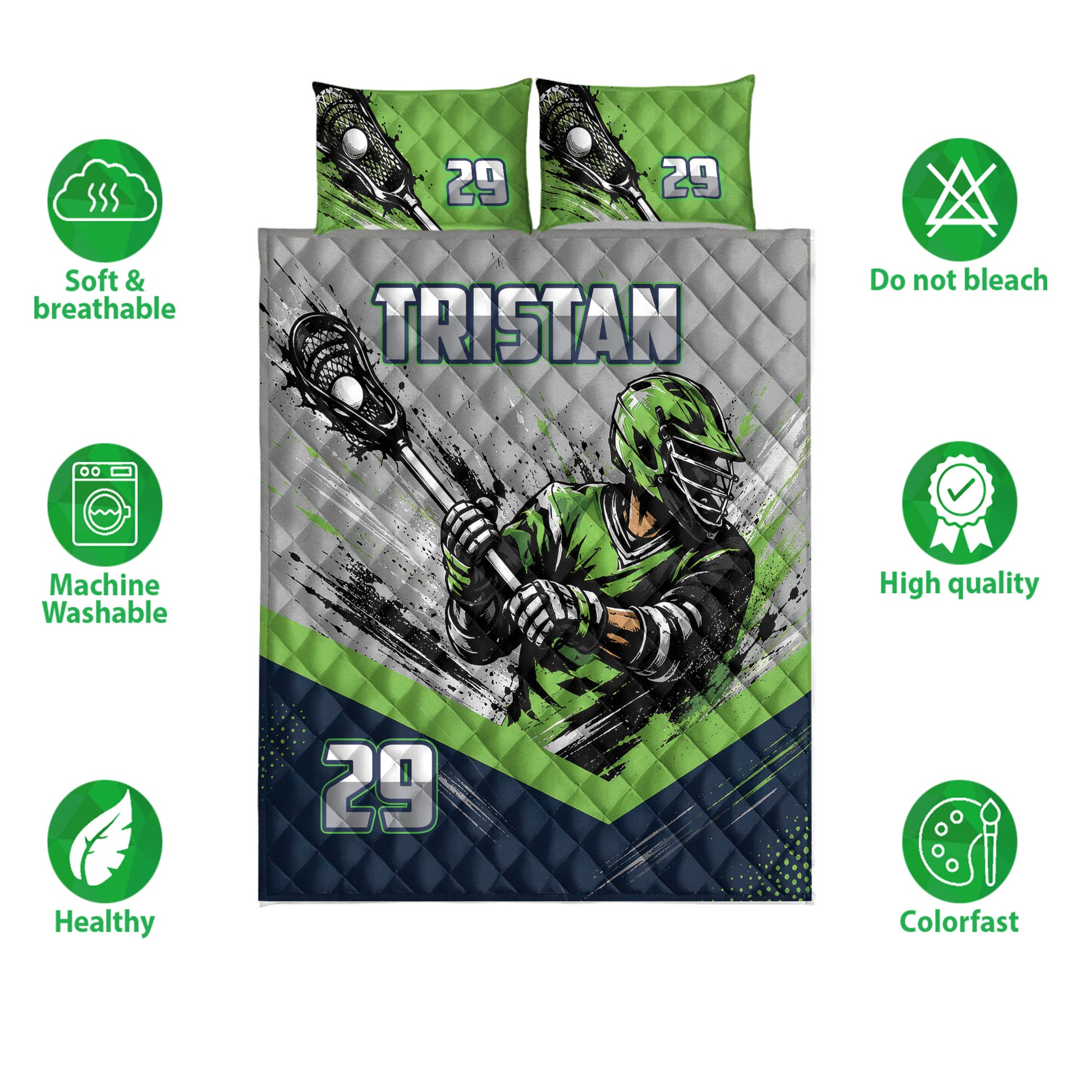Lacrosse quilt bedding set with helmeted player artwork, green accents, and product feature icons