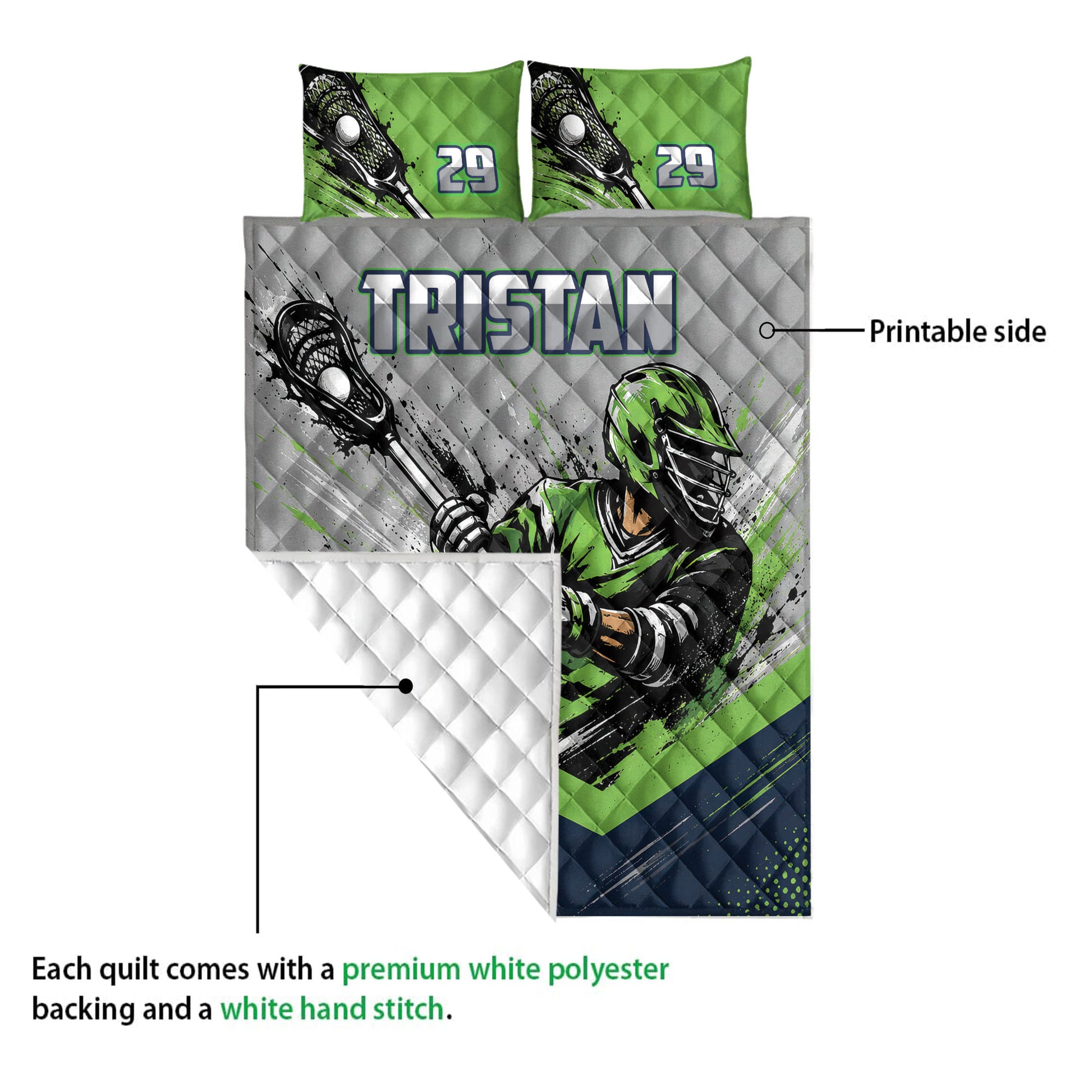 Lacrosse quilt showing the printed front artwork and white quilted backing