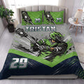 Lacrosse quilt blanket styled in a bright bedroom with bold green and navy player artwork