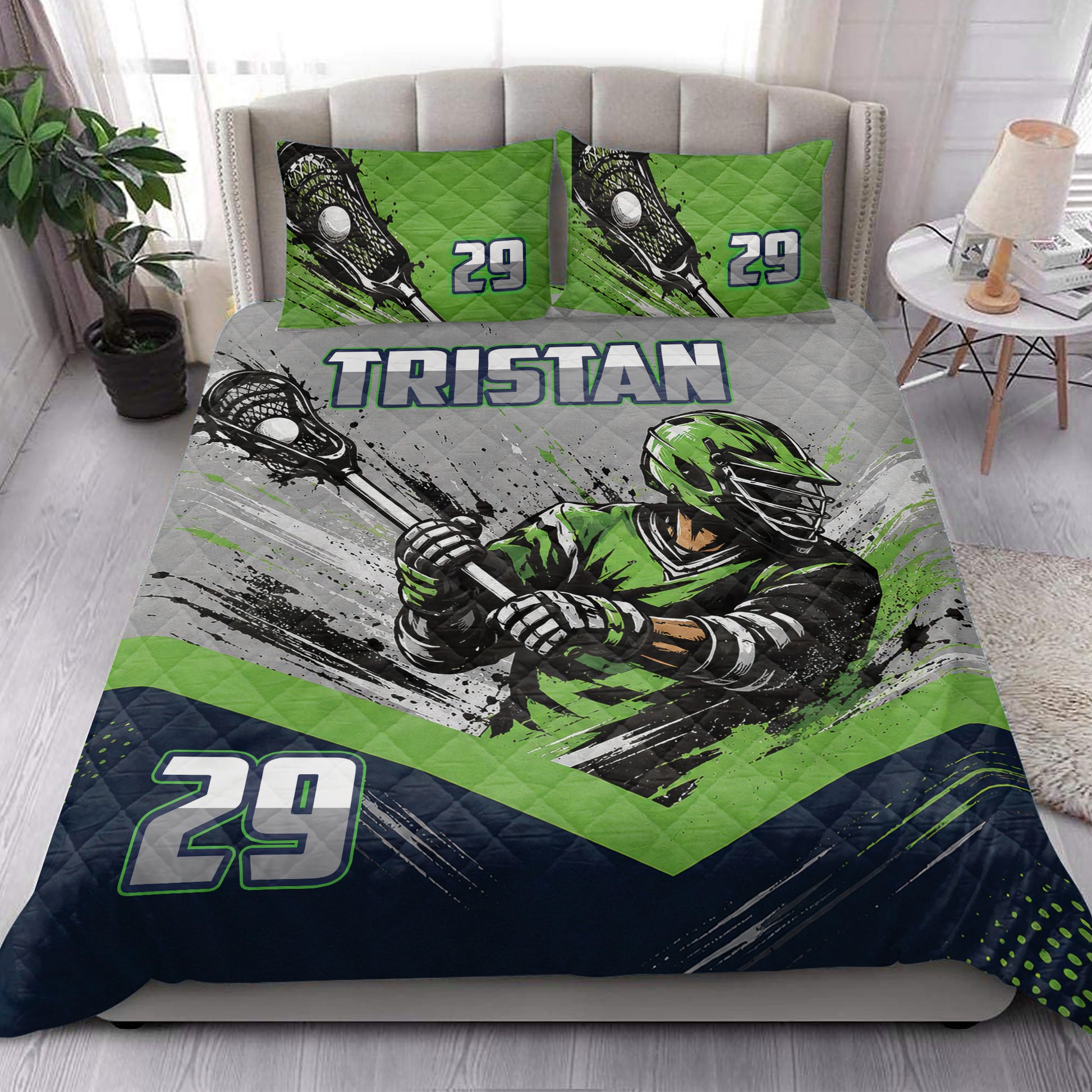 Lacrosse quilt blanket styled in a bright bedroom with bold green and navy player artwork