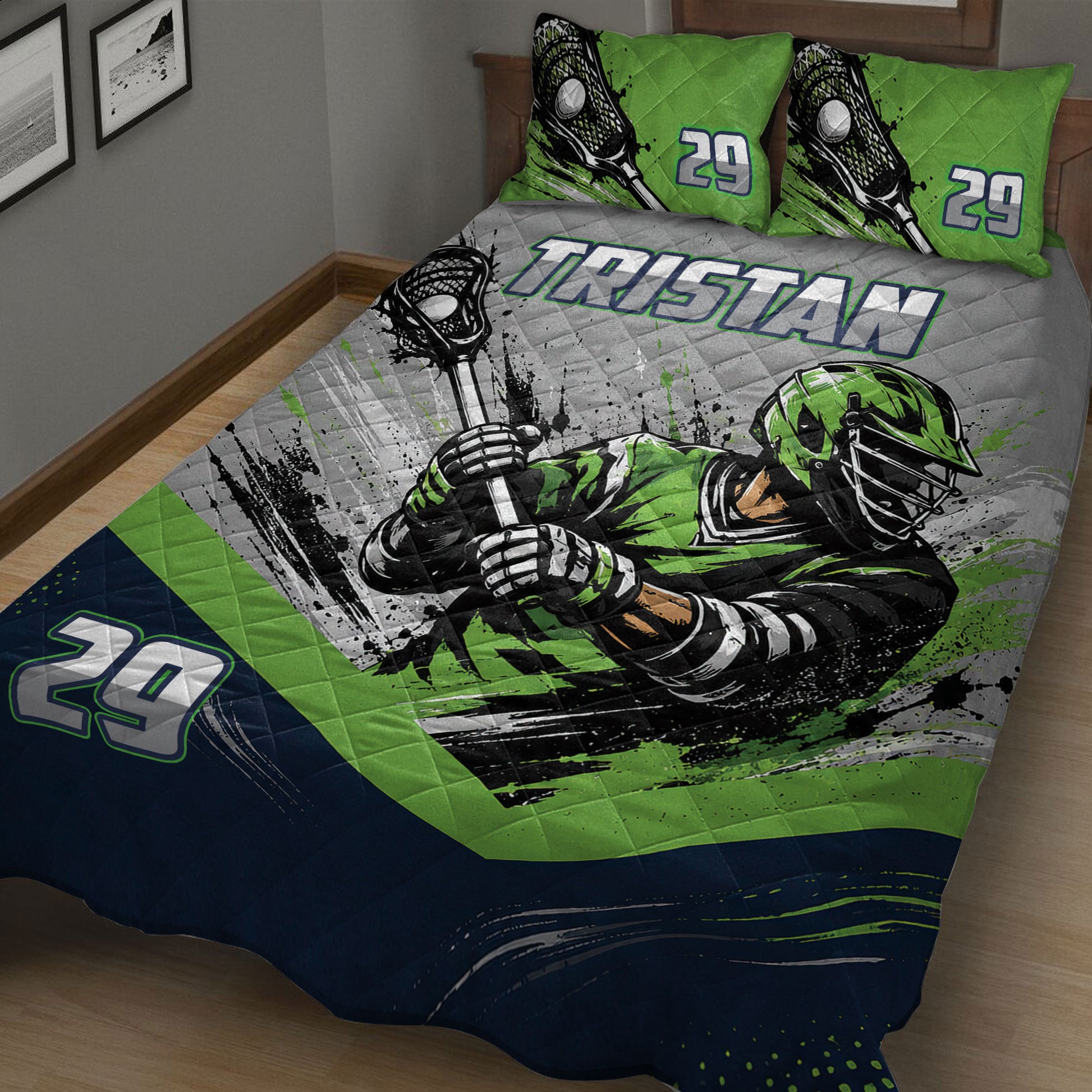 Close bedroom view of a lacrosse quilt blanket featuring a helmeted player and lacrosse sticks
