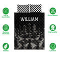 Chess piece quilt bedding set shown with checkerboard pillow covers and product feature icons