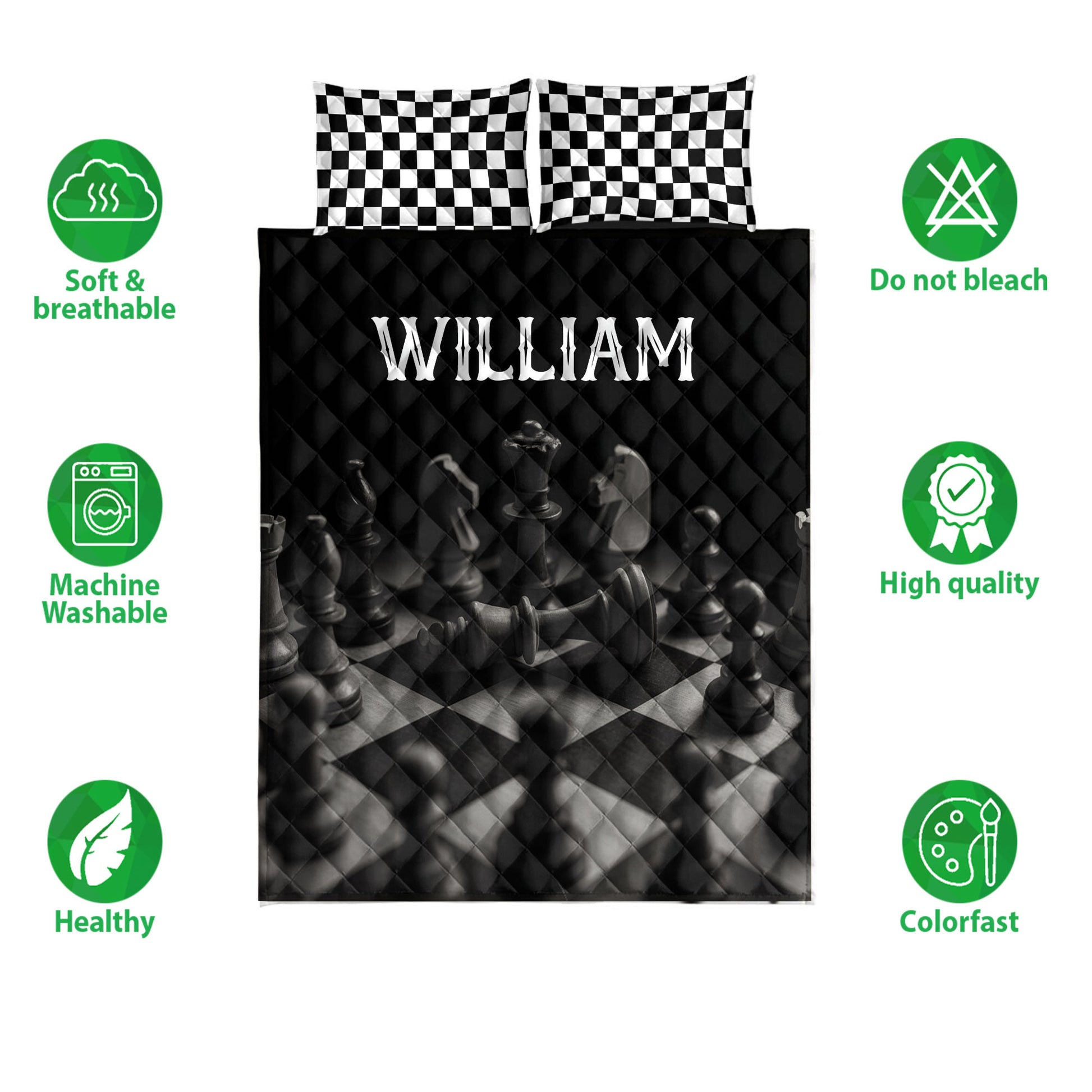Chess piece quilt bedding set shown with checkerboard pillow covers and product feature icons