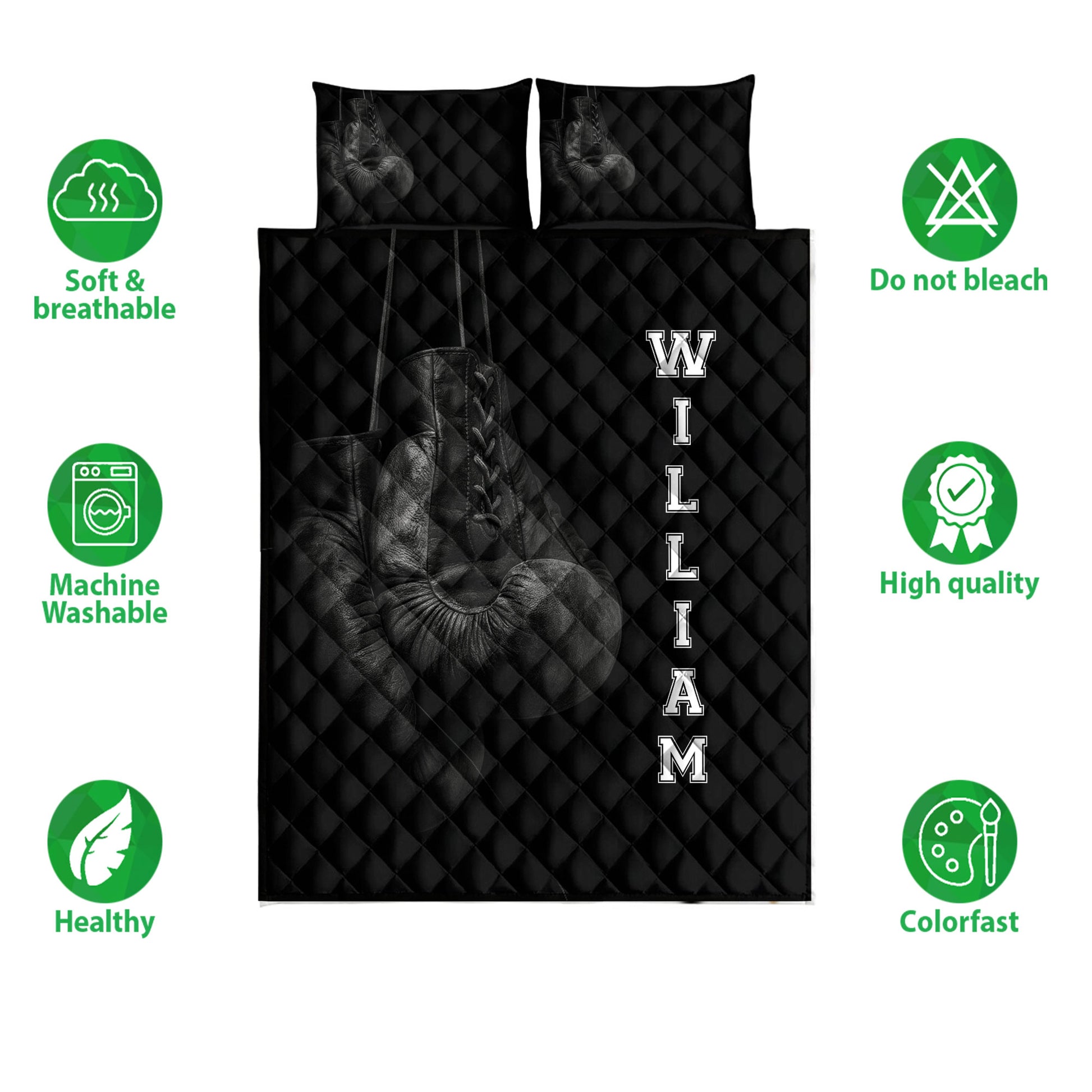 Boxing quilt bedding set shown in a product layout with boxing glove artwork and feature icons