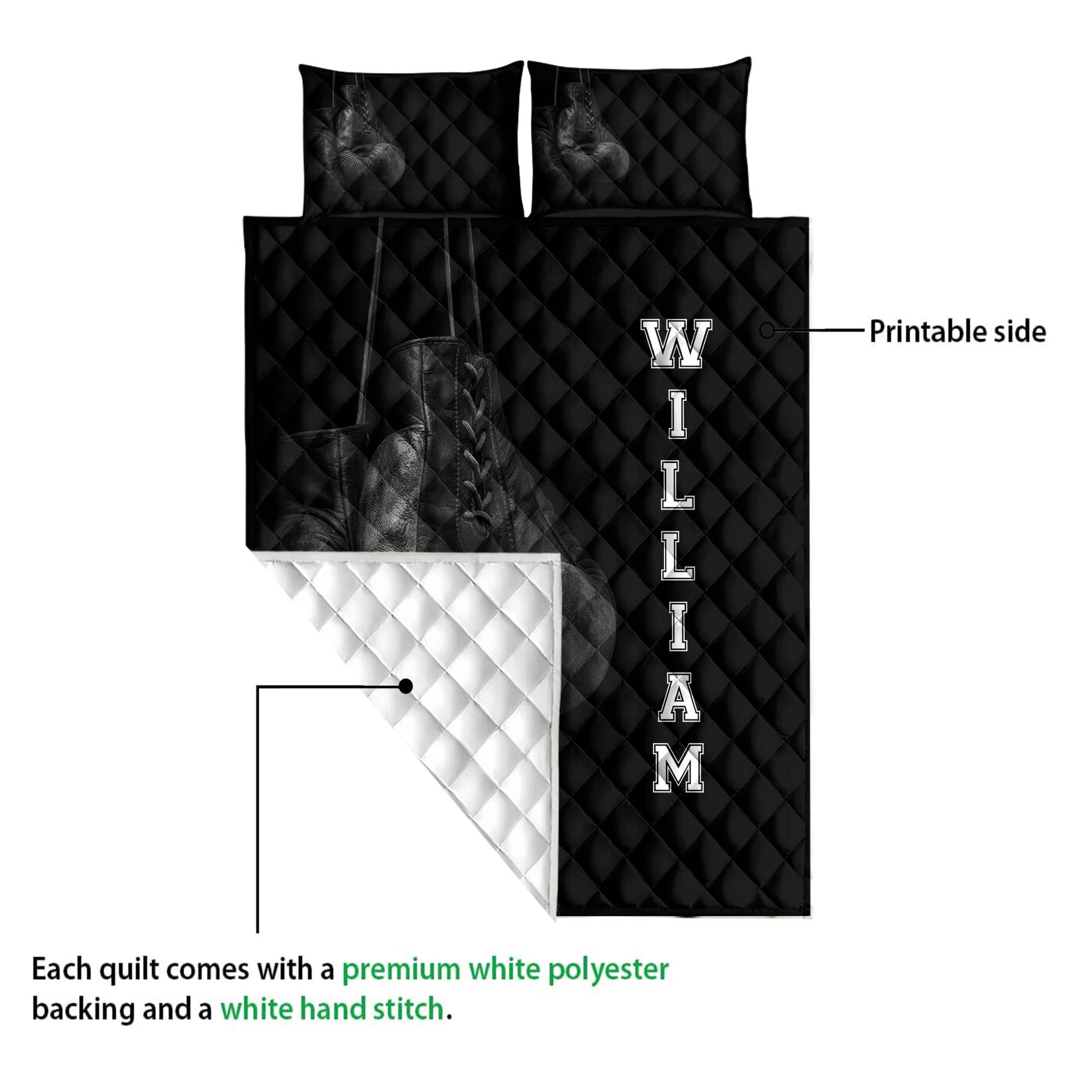 Boxing quilt blanket detail showing printed glove artwork and a contrasting white reverse side