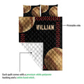 Baseball quilt blanket showing the printed front, white quilted backing, and baseball artwork with red stitching