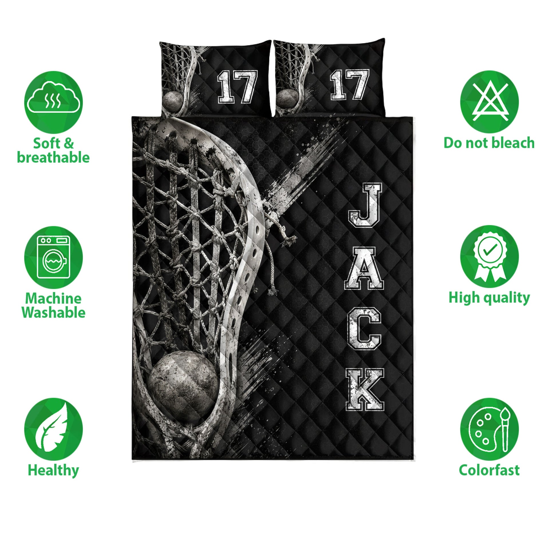 Lacrosse quilt bedding set shown front-facing with black sports artwork and illustrated stick, net, and ball