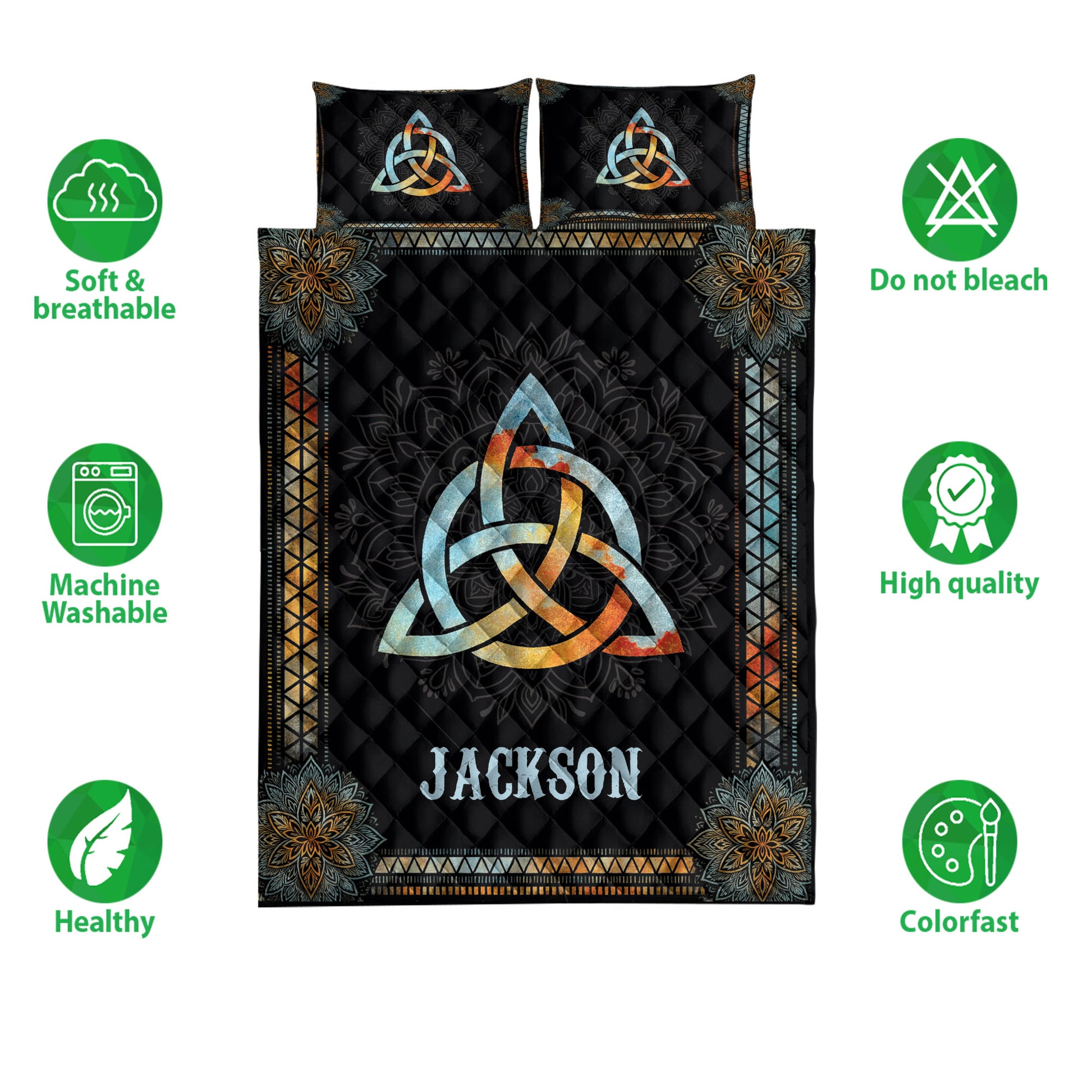 Wicca quilt bedding set with colorful Celtic knot design and dark floral details