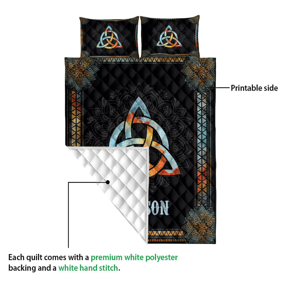 Wicca quilt showing the printed front and white quilted backing in a feature view