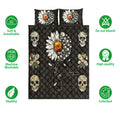 Skull and daisy quilt bedding set displayed with care and quality feature icons on a white background