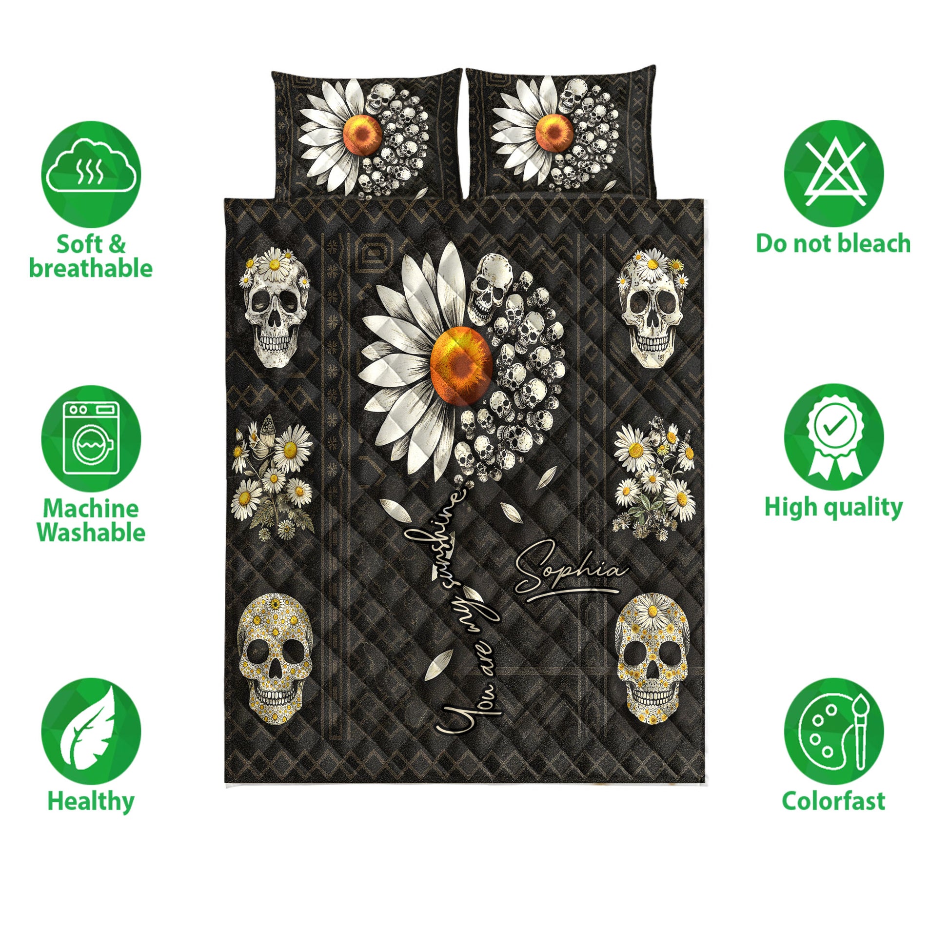 Skull and daisy quilt bedding set displayed with care and quality feature icons on a white background