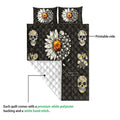 Skull quilt blanket layout showing floral skull artwork, printed front, and white quilted backing