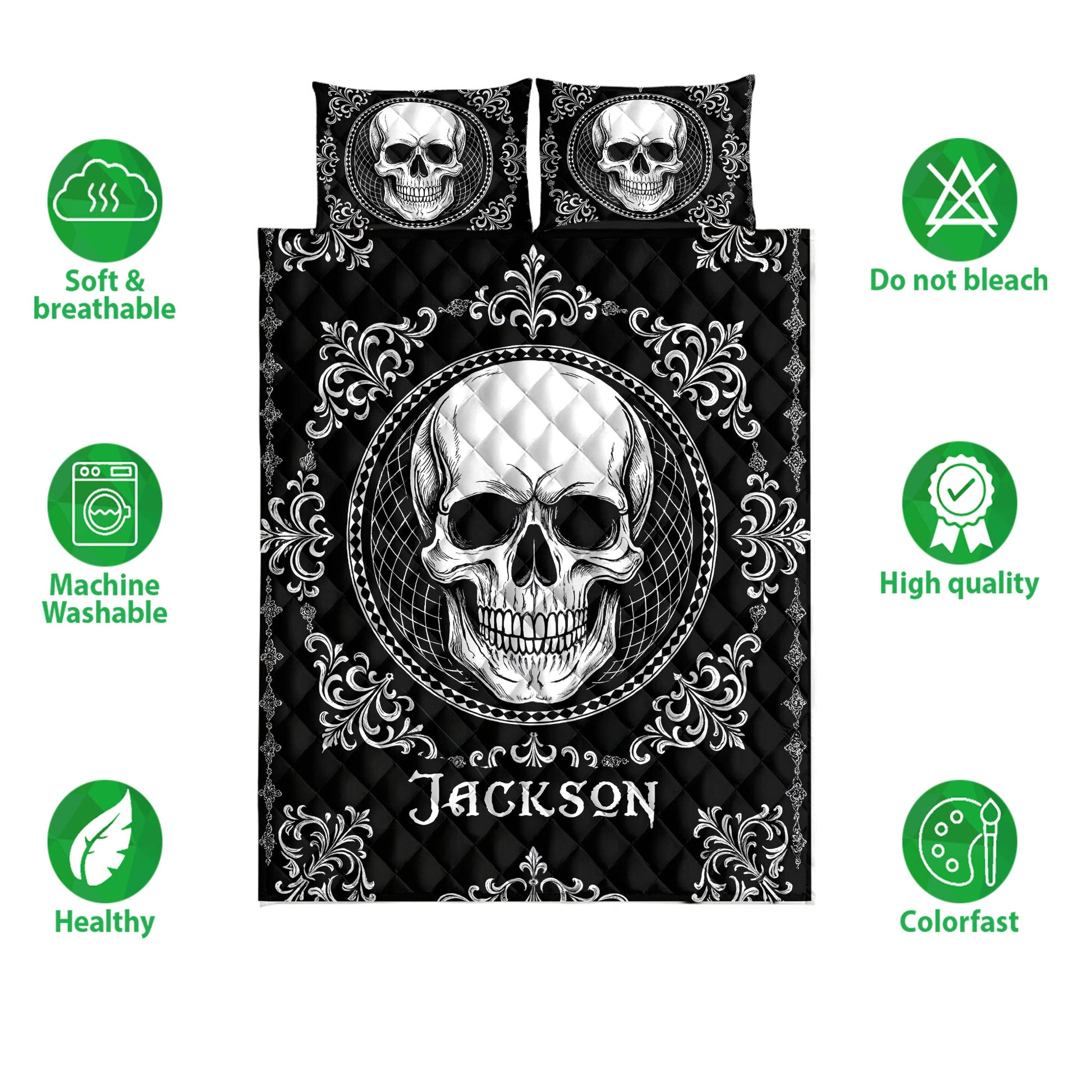 Black and white skull quilt bedding set shown flat with ornate gothic scrollwork and coordinated pillow designs