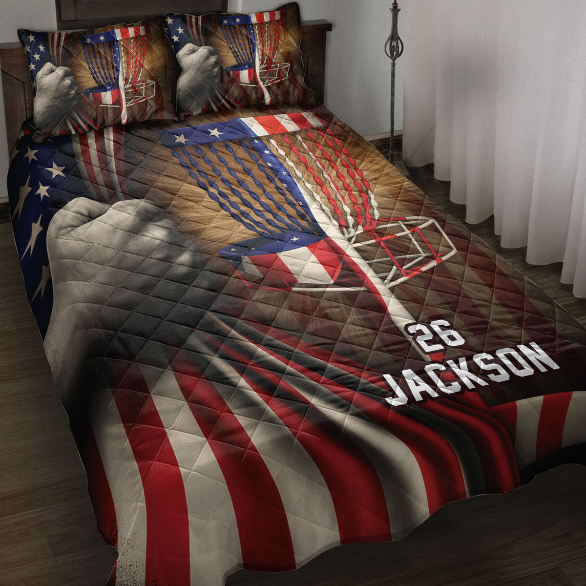 Custom Disc Golf Quilt Blanket with Patriotic Chain Basket and American Flag Sports Artwork
