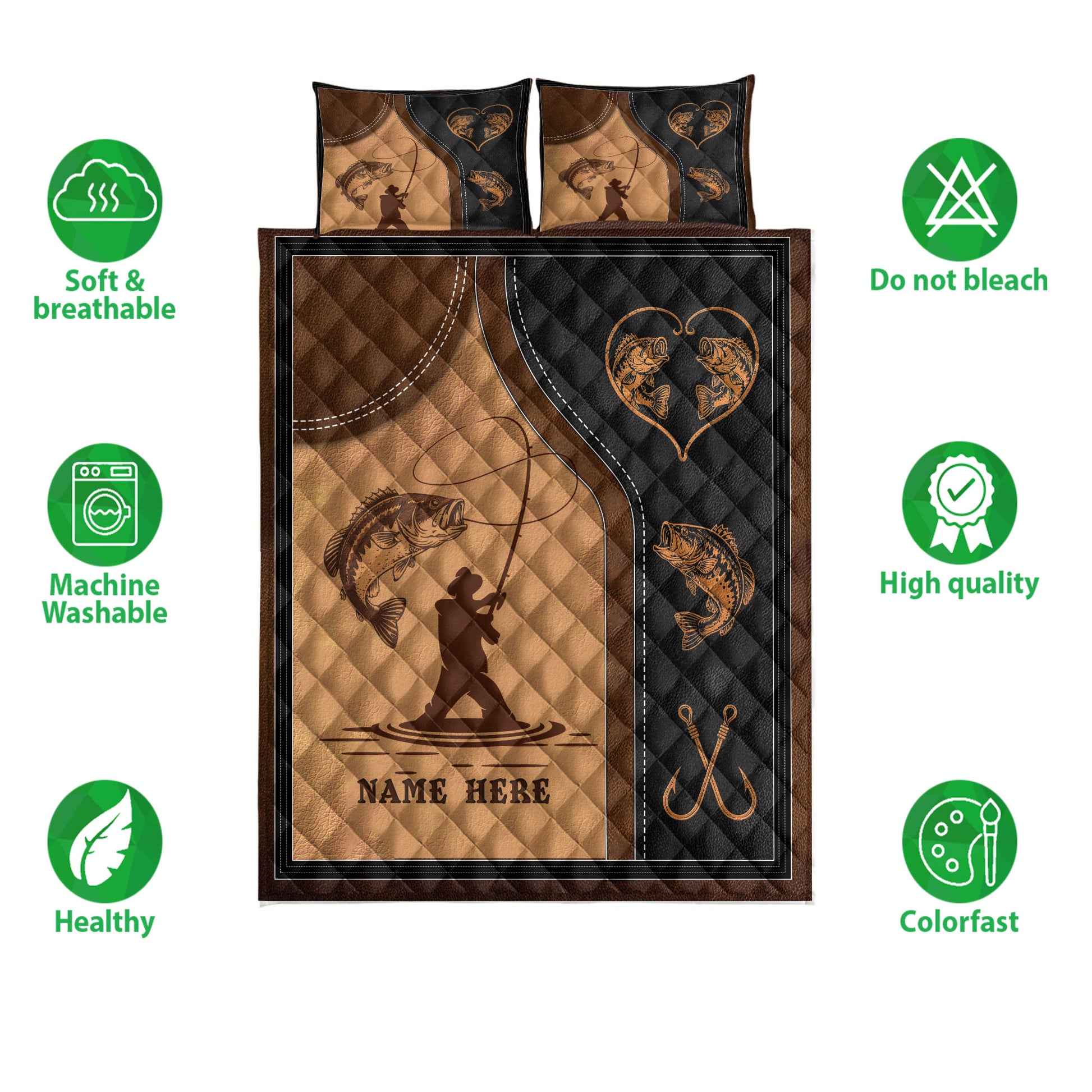 Fishing quilt bedding set shown with fish and angler artwork alongside soft, breathable, and colorfast feature icons