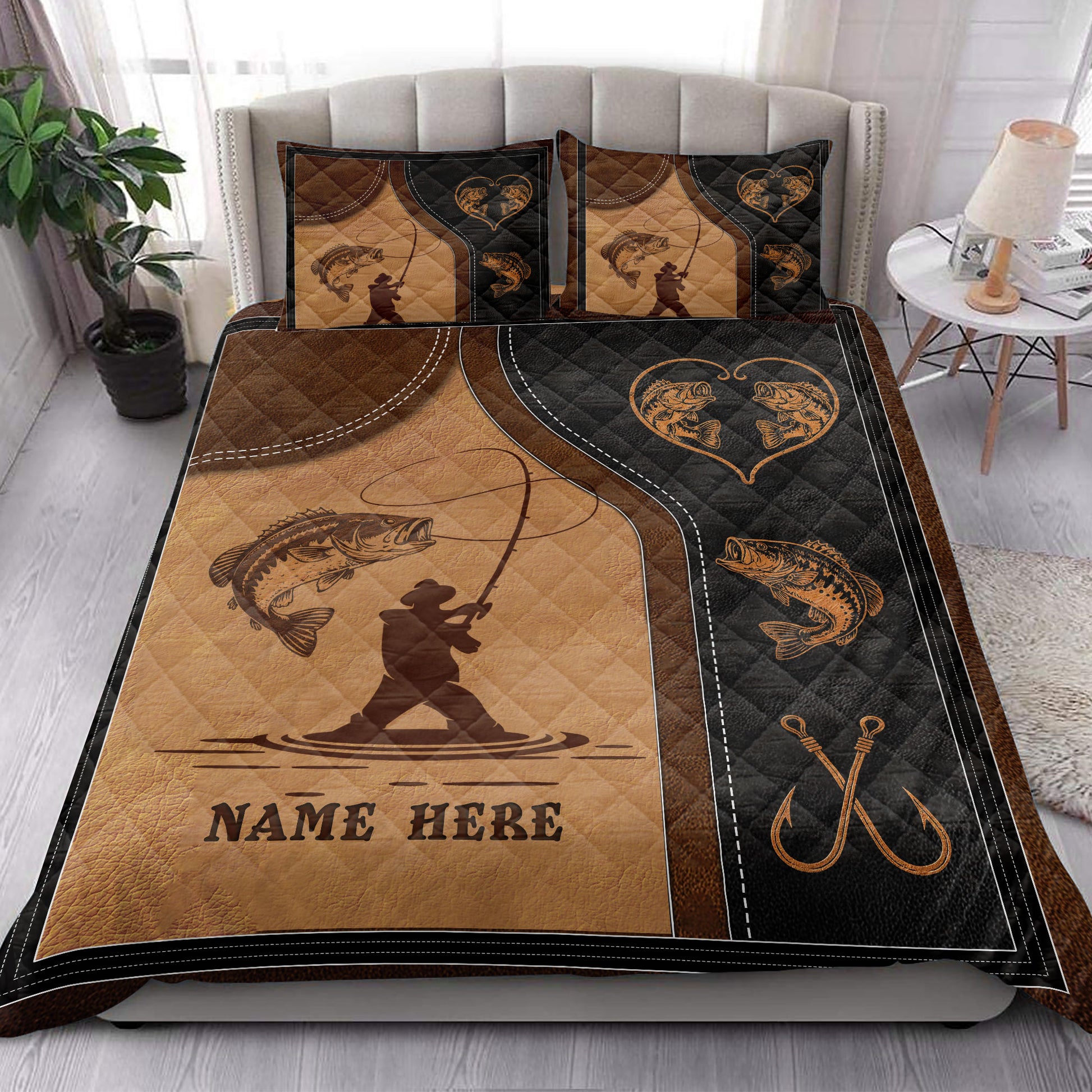 Fishing quilt blanket styled in a bedroom with bass artwork, angler silhouettes, hooks, and a brown black design
