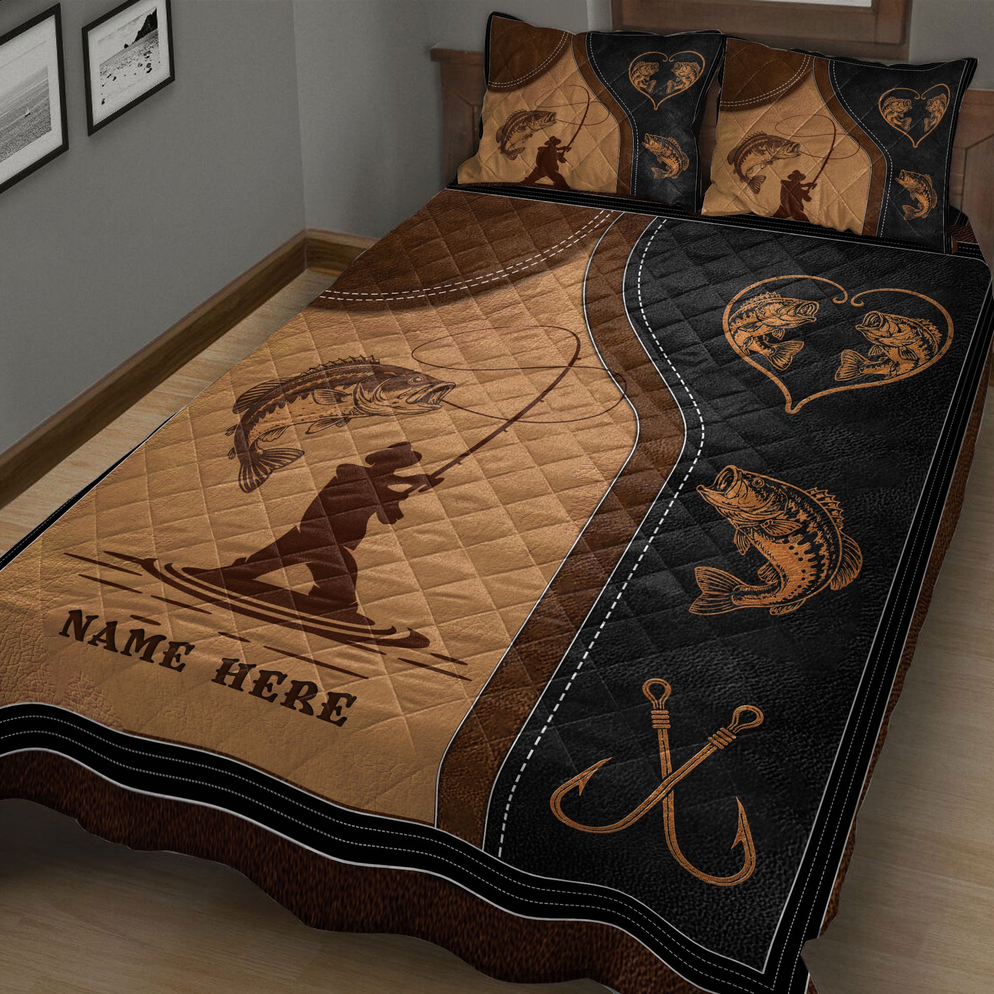 Close bedroom view of a fishing quilt blanket featuring bass, an angler silhouette, fish hooks, and heart artwork
