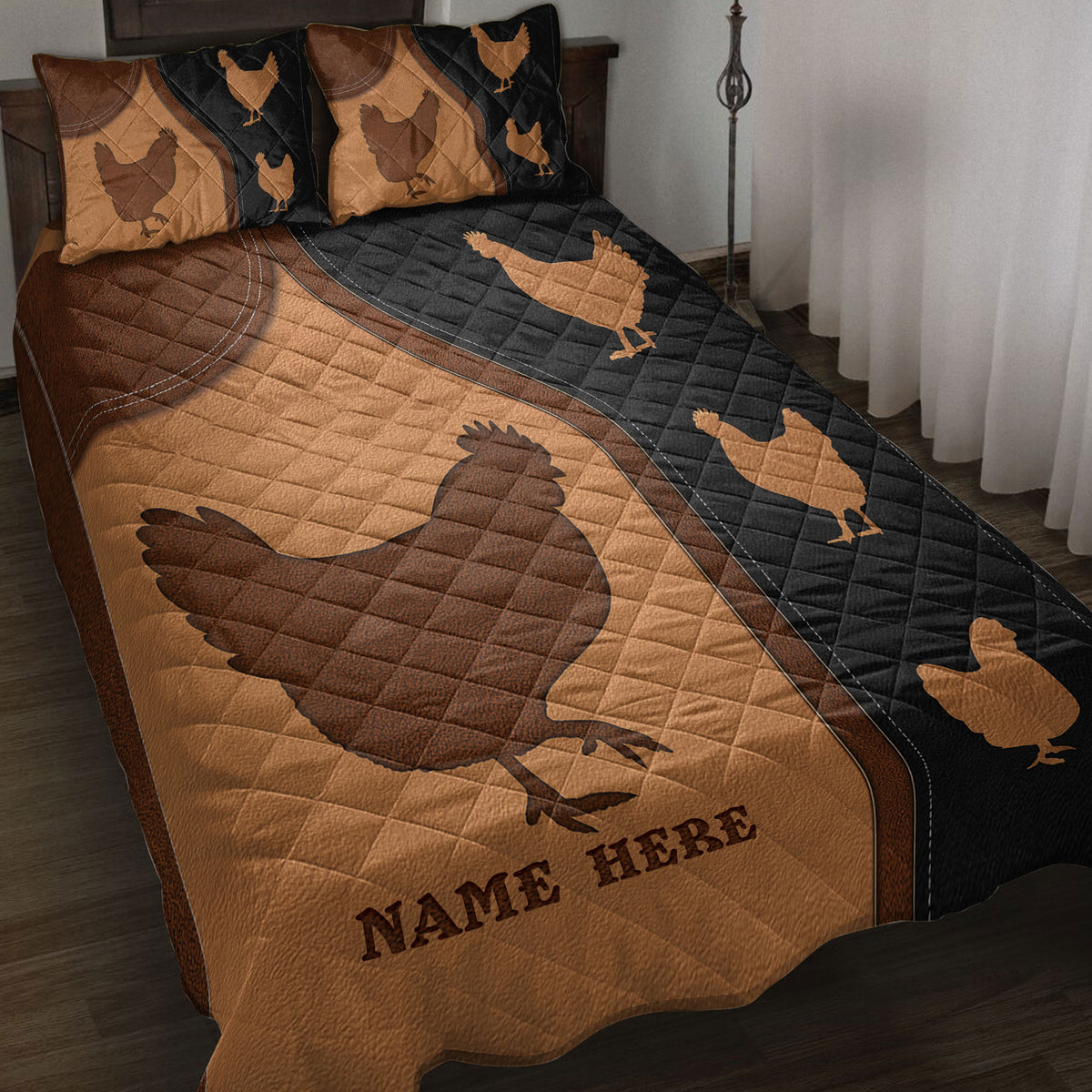 Chicken quilt blanket displayed on a bed with brown and black farm-inspired artwork