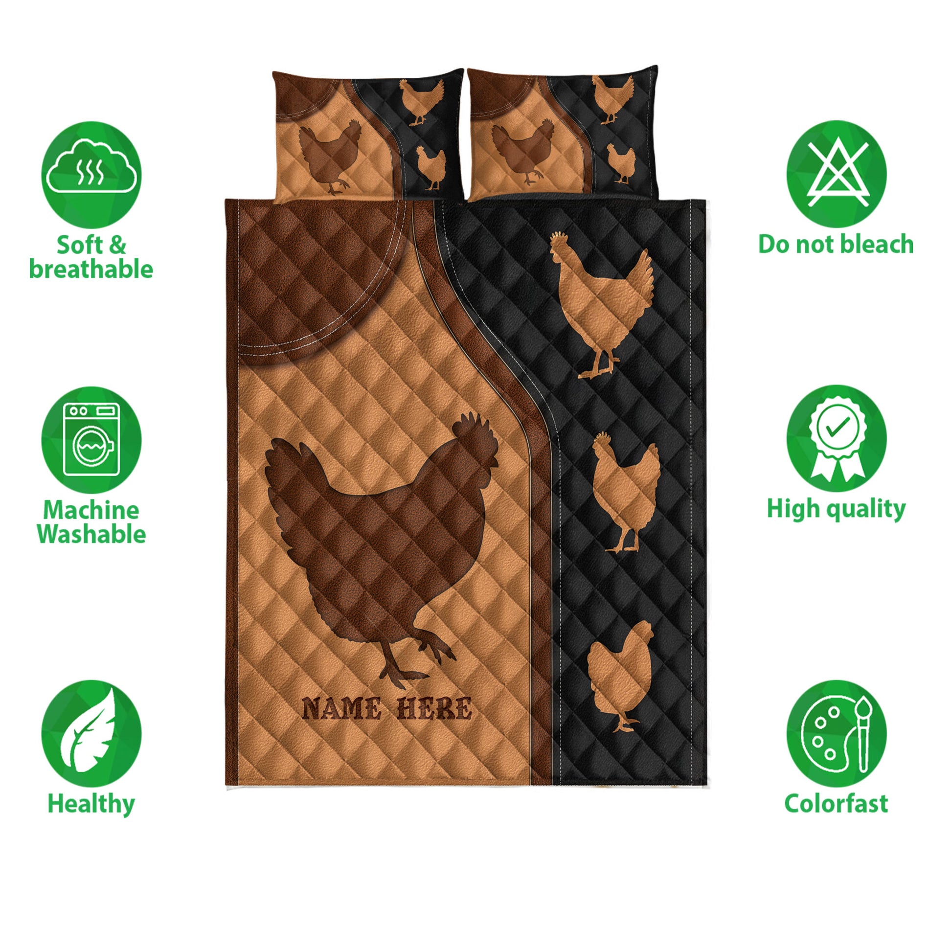 Chicken quilt bedding set shown with coordinating chicken artwork and care feature icons