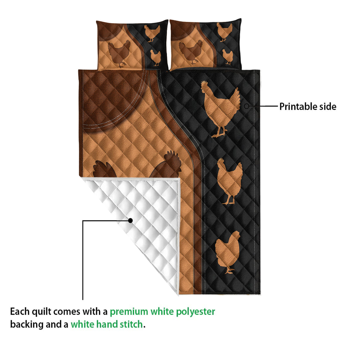 Chicken quilt blanket showing the printed front and white quilted backing