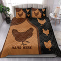 Chicken quilt bedding styled in a bright bedroom with repeated brown and black hen artwork