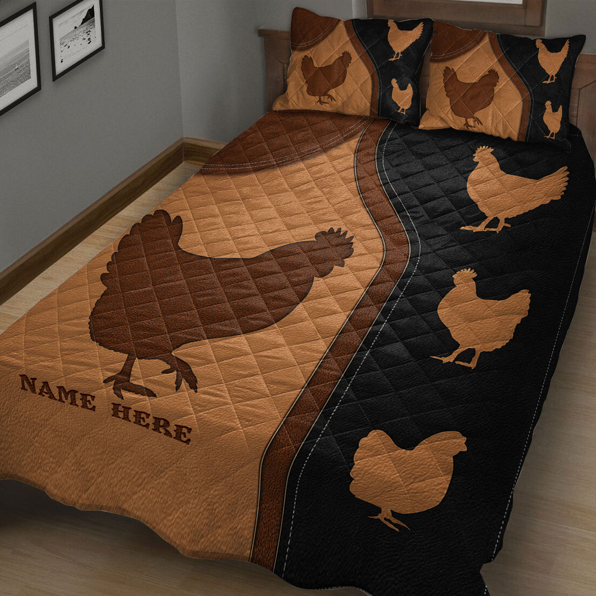 Close bedroom view of a chicken quilt blanket with large hens and smaller chicken silhouettes