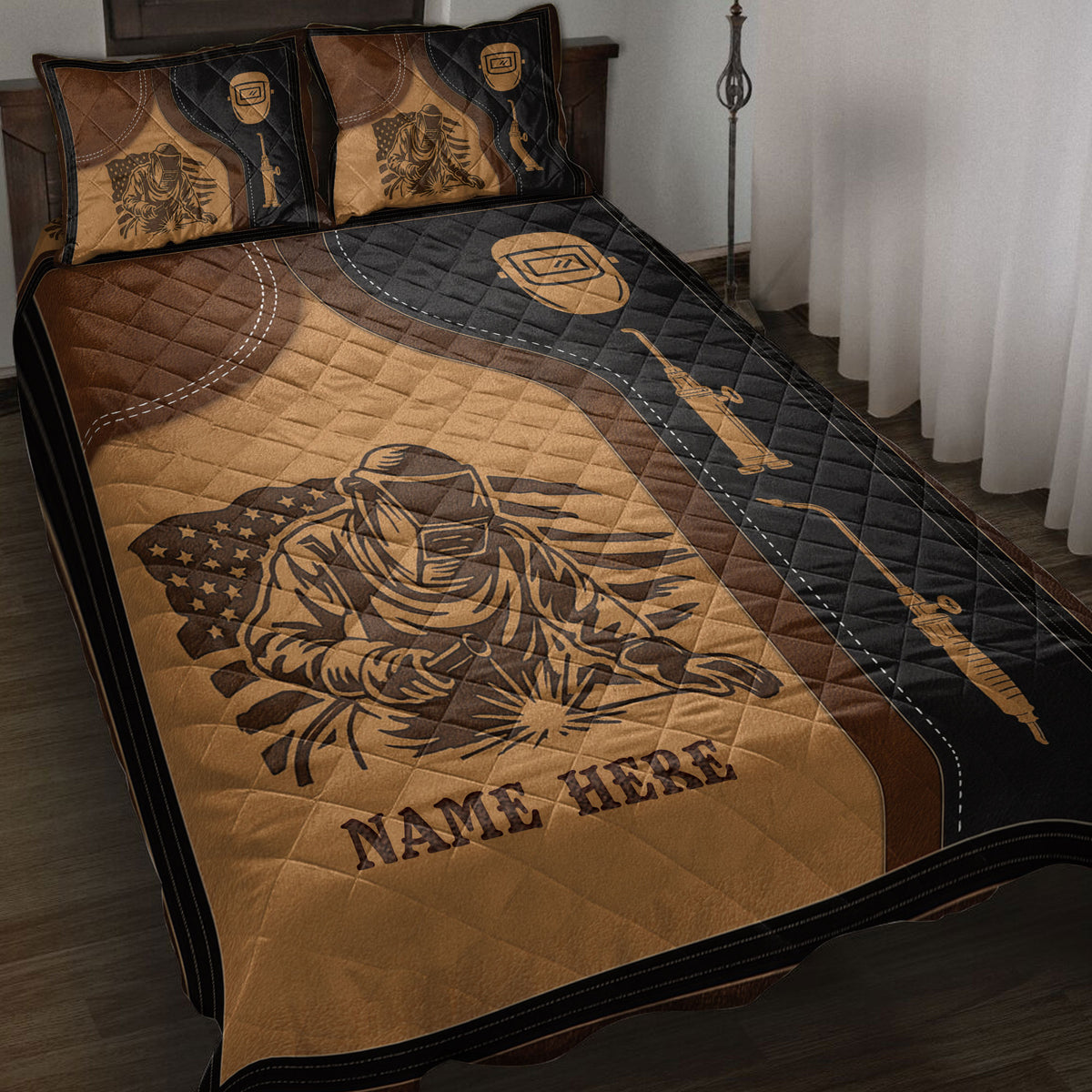 Welder quilt blanket bedding set displayed on a bed with welding helmet and tool artwork in brown and black