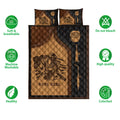 Welder quilt blanket shown with matching pillowcase options and illustrated welding artwork in a brown and black design