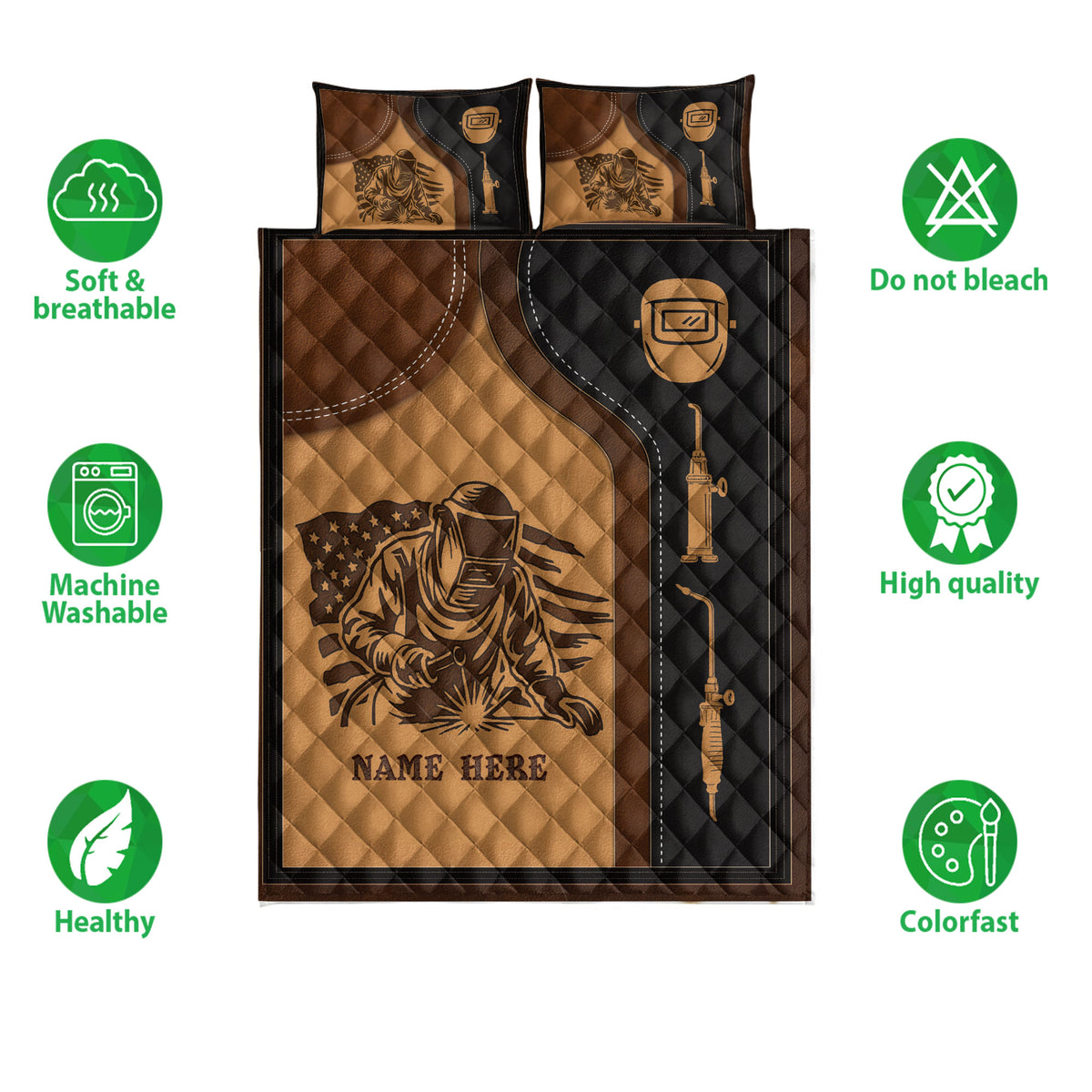 Welder quilt blanket shown with matching pillowcase options and illustrated welding artwork in a brown and black design