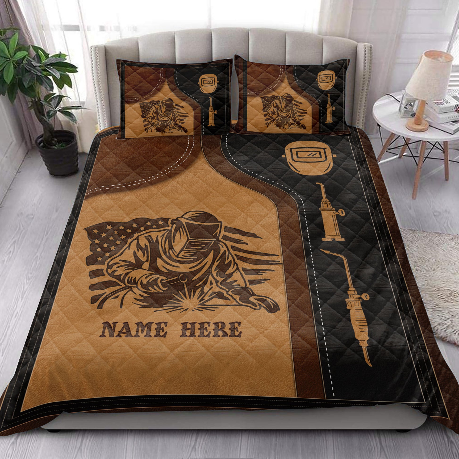 Welder quilt bedding set styled in a bedroom with bold brown and black welding-themed artwork