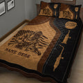 Close bedroom view of a welder quilt blanket featuring a welding worker, helmet and workshop tools