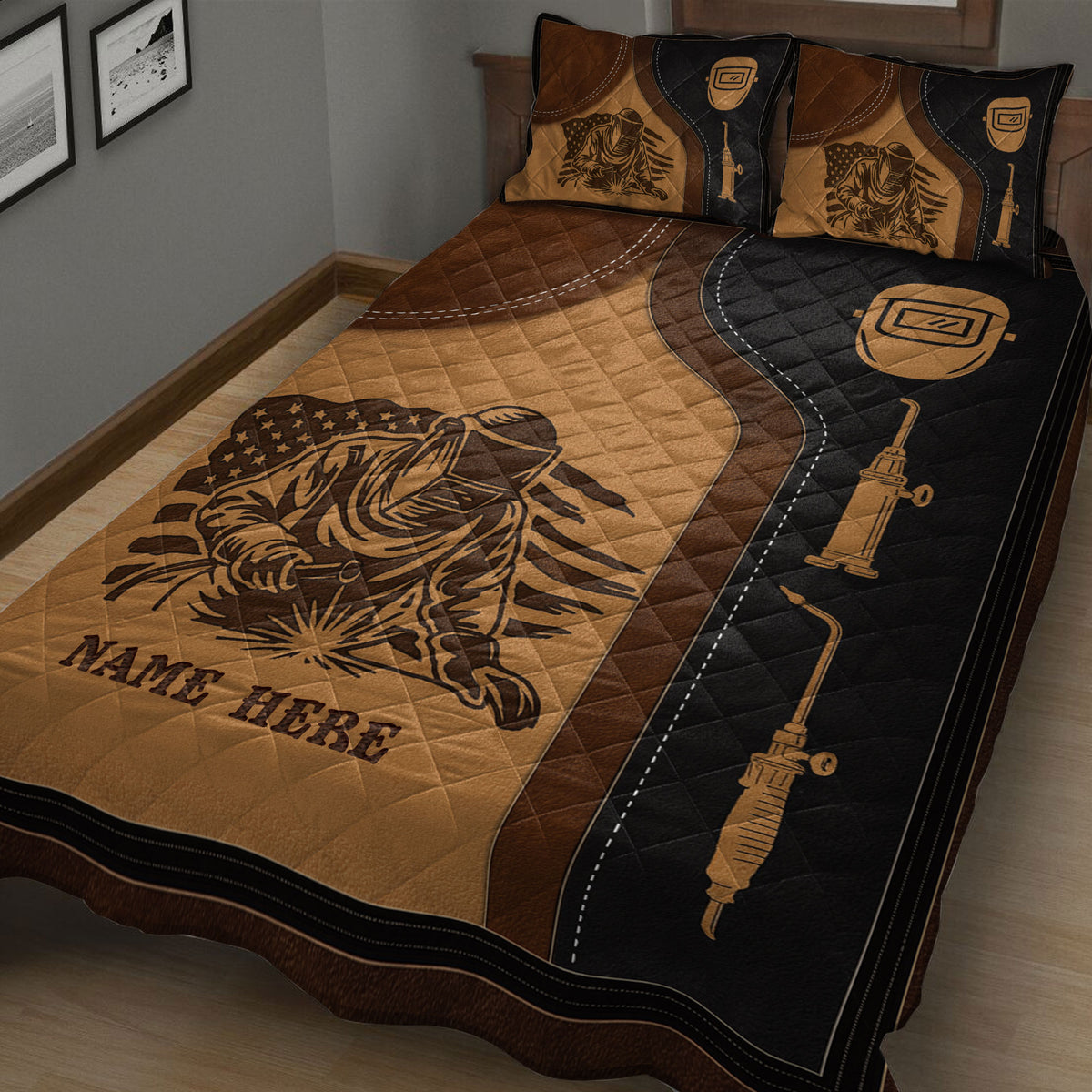 Close bedroom view of a welder quilt blanket featuring a welding worker, helmet and workshop tools