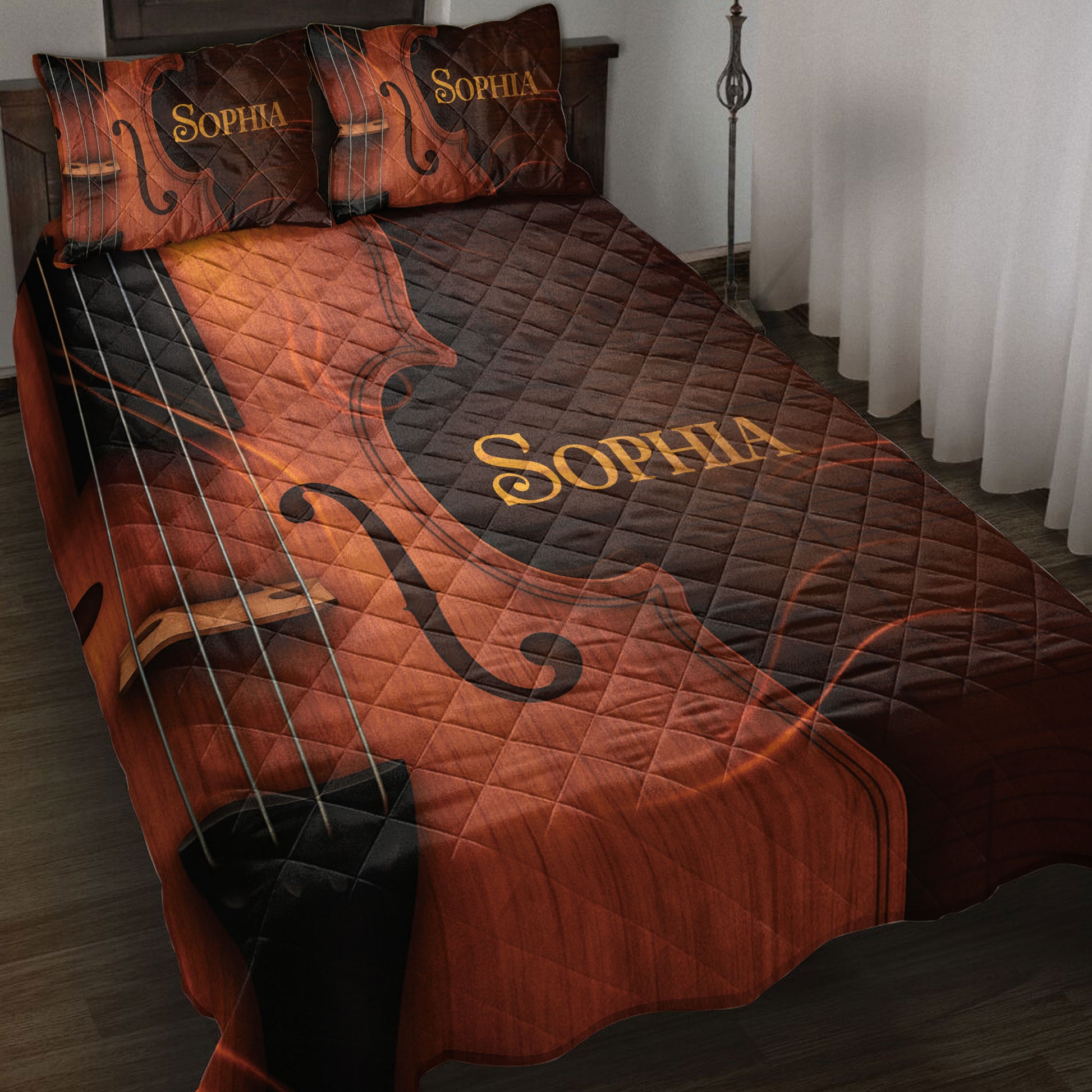 Rustic cello quilt blanket in rich brown and copper tones displayed on a bedroom bed