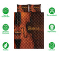 Chello-themed quilt bedding set shown with soft breathable and colorfast product features