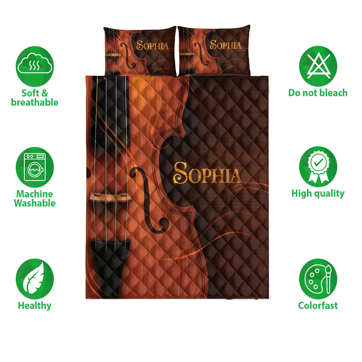 Chello-themed quilt bedding set shown with soft breathable and colorfast product features